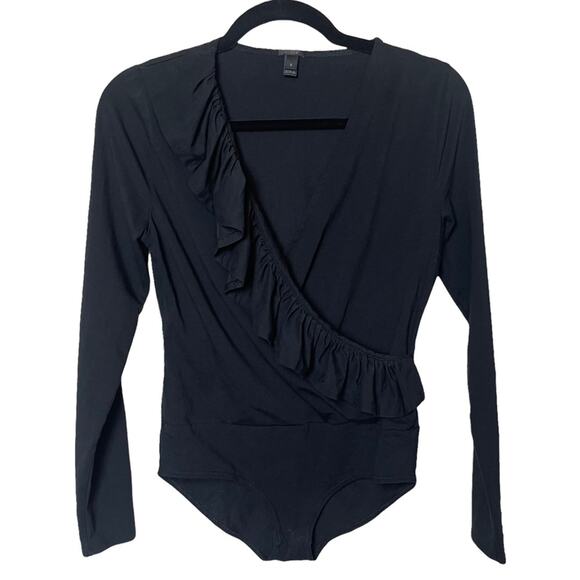 J.Crew Long Sleeve Faux Wrap Ruffle Bodysuit Black Size Small - Picture 1 of 6